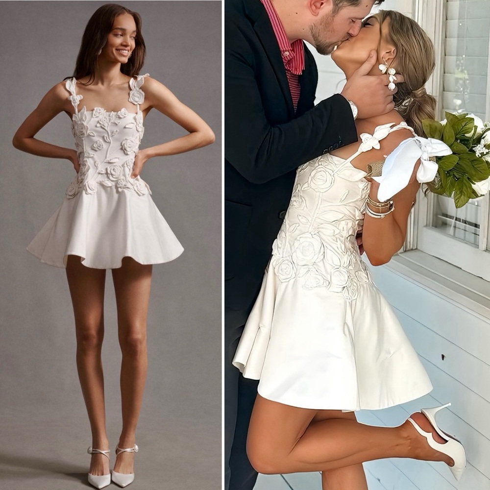 BHLDN Anthropologie White Floral Appliqué Bridal Mini Dress Fit & Flare Large L